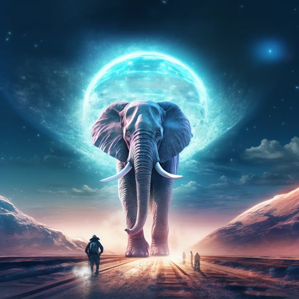 walking towards large white elephant