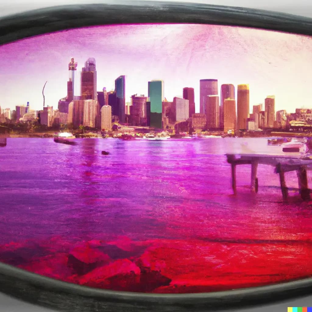 DALL·E-2023-08-29-09.15.35-Looking-at-an-Oil-Painting-of-Modern-Cityscape-with-harbour-in-the-foreground-through-rose-tinted-glasses