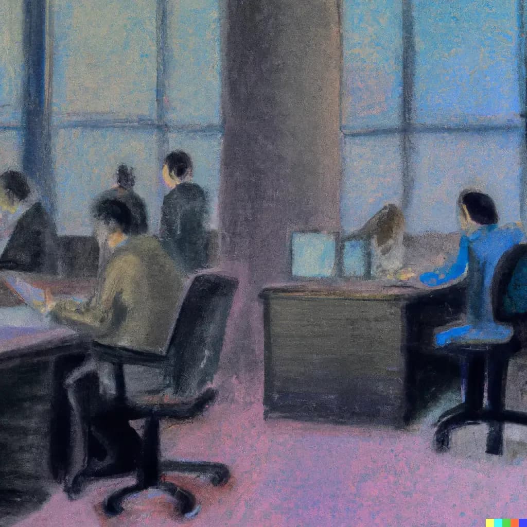 DALL·E-2023-08-30-08.11.12-An-landscape-style-pastel-painting-of-an-office-with-busy-workers