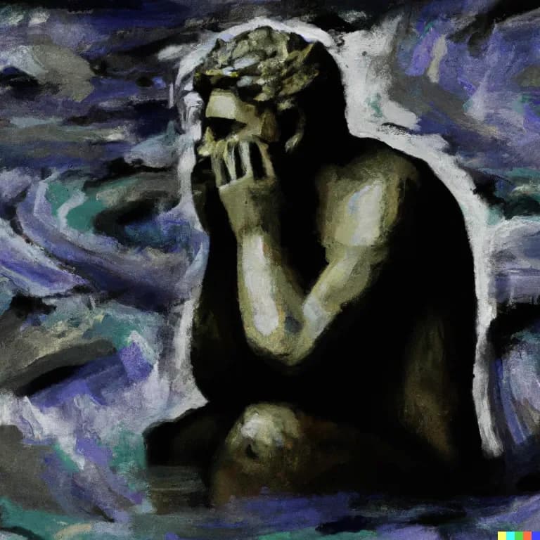 DALL·E 2023-09-20 10.55.01 - Painting of statue of the thinker floating in a sea of chaos